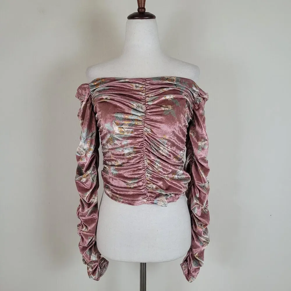 Free People Top Med Pink Velvet Floral Off The Shoulder Ruched Puff Sleeve Reina
